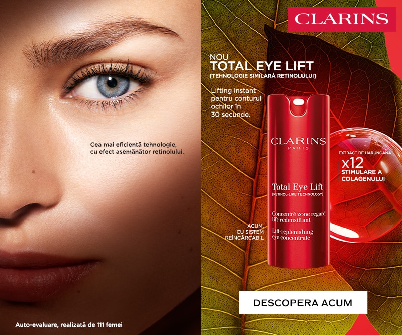 Clarins Total Eye Lift – tratament pentru conturul ochilor cu efect rapid, tehnologie asemănătoare retinolului și extract de harungana, prezentat cu text promoțional și fundal natural